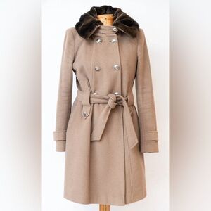 Tahari Phoebe Trench Coat Womens Light Brown Double Breasted Wool Faux Fur Sz 4